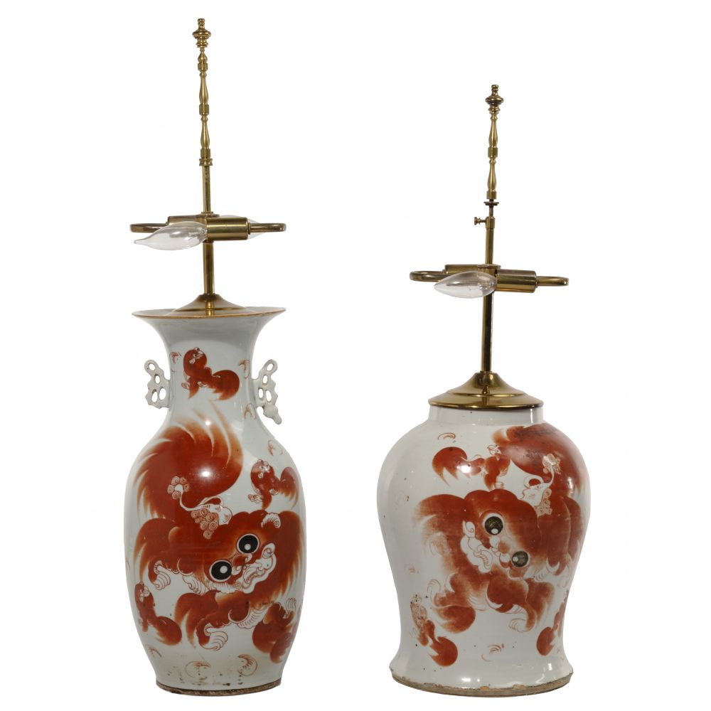 Appraisal: CHINESE IRON RED ON WHITE PORCELAIN LAMPS items having similar