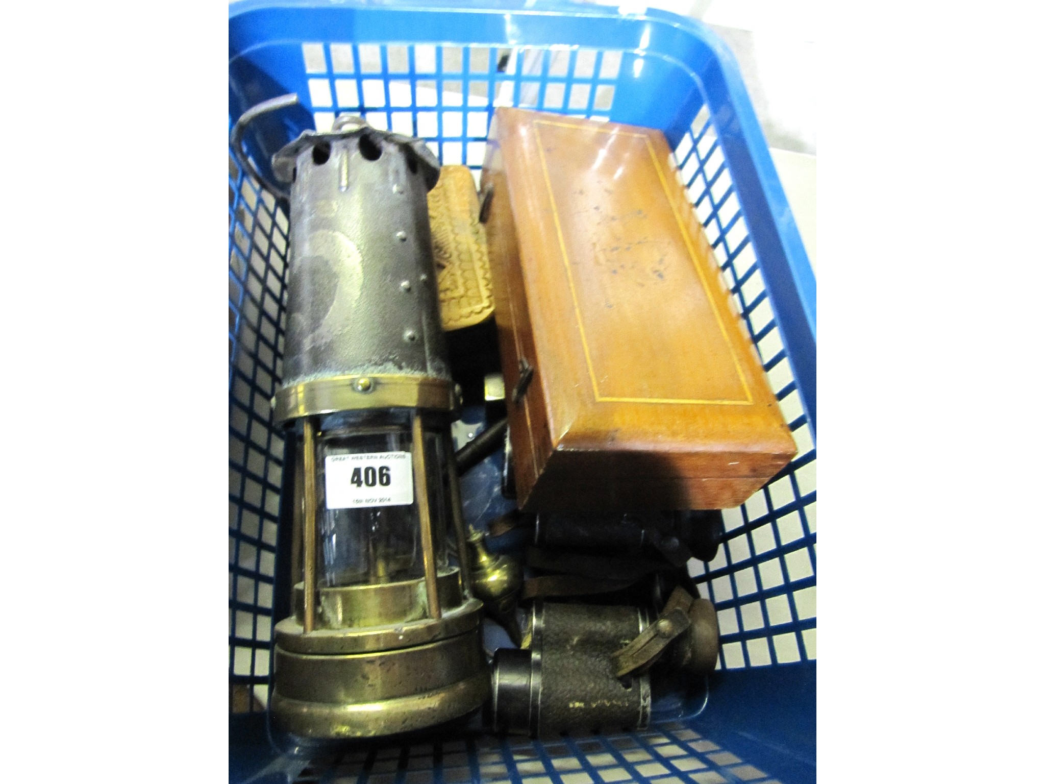 Appraisal: A lot comprising a miner's lamp binoculars hydrometer etc