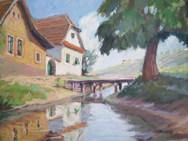 Appraisal: Oil Painting landscape with houses and stream on canvas signed