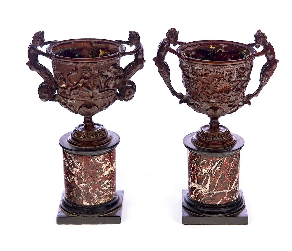 Appraisal: Pair of Bronze Marble Classical Urns Excellent condition with no