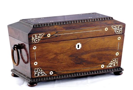 Appraisal: Regency style mother-of-pearl inlaid rosewood tea caddy late th century