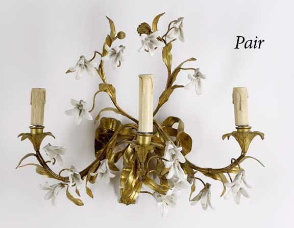 Appraisal: Large Pair of French Gilt-Lacquered Brass and Blanc-de-Chine Porcelain Three-Light