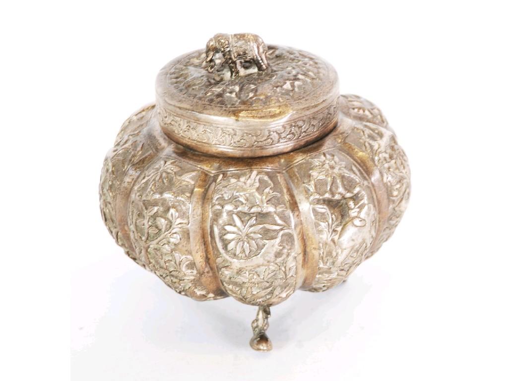 Appraisal: AN INDIAN SILVER COLOURED METAL JAR AND COVER circular lobated