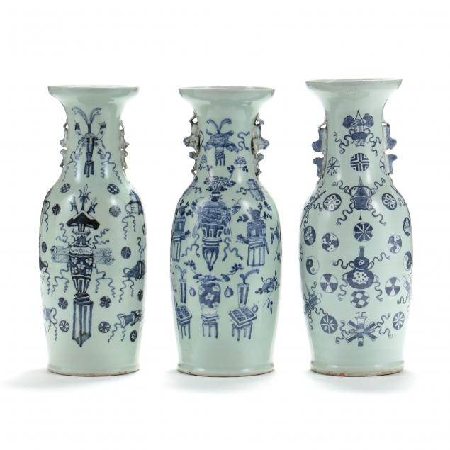 Appraisal: THREE TALL CHINESE CELADON WITH BLUE AND WHITE FLOOR VASES