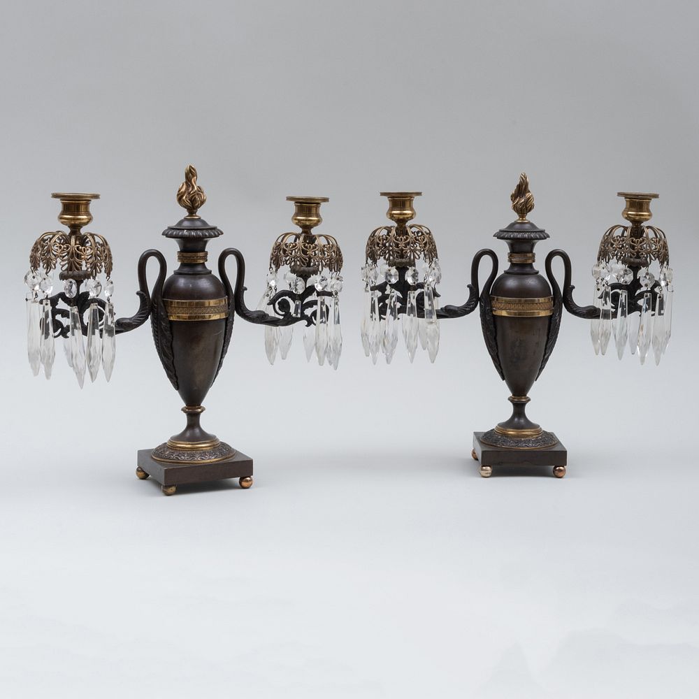 Appraisal: Pair of Regency Gilt-Bronze-Mounted Bronze and Cut-Glass Two-Light Candelabra x