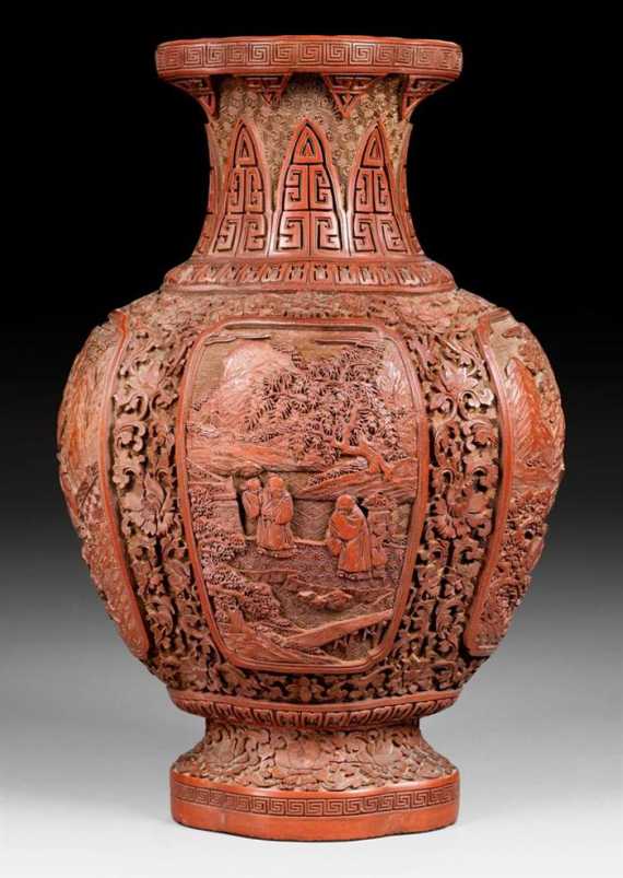 Appraisal: A QUADRLOBED CARVED REDDISH BROWN LACQUER VASE China th ct