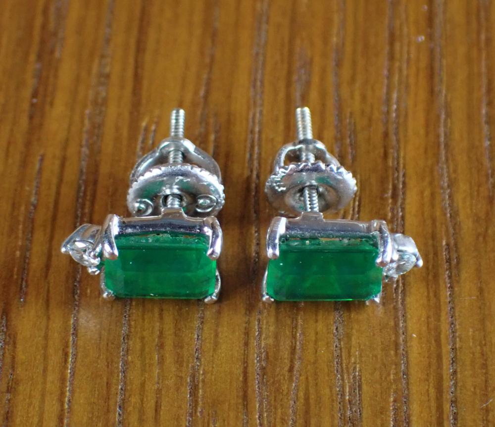 Appraisal: PAIR OF EMERALD AND DIAMOND STUD EARRINGS each k white