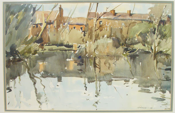 Appraisal: Wessou - Abstract watercolour of buildings before a lake cm