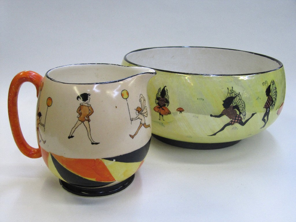 Appraisal: Britannia Pottery Glasgow jug and bowl both decorated with fairies