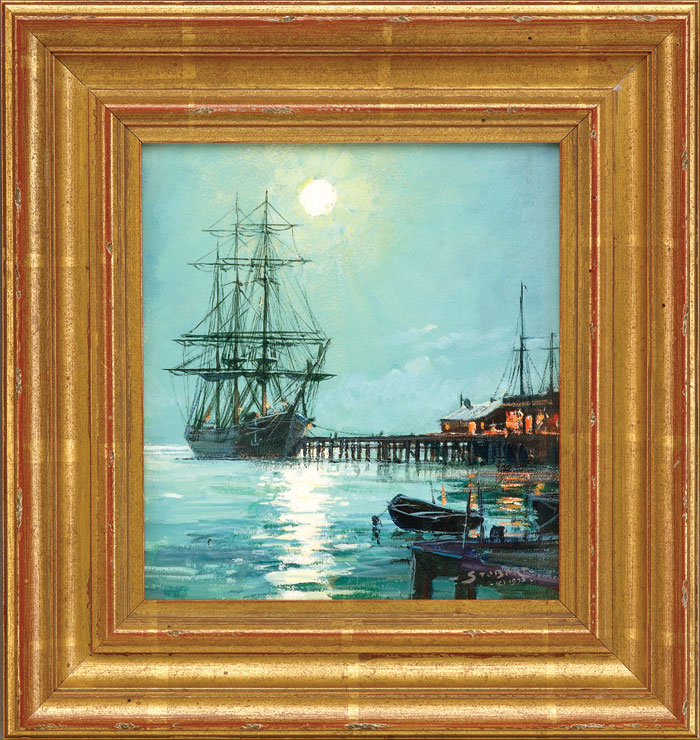 Appraisal: JOHN STOBART AMERICAN B CLIPPER SHIP AT DOCK Oil on