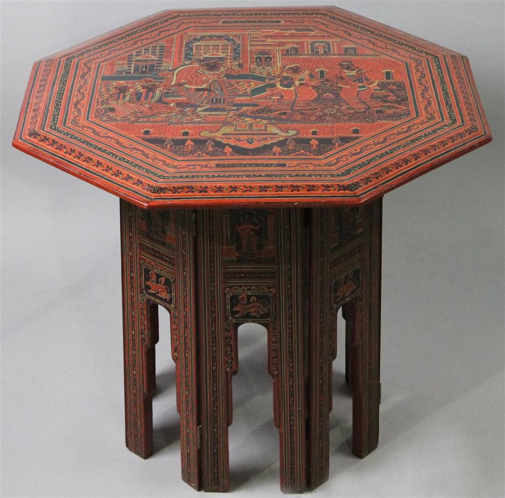 Appraisal: DAMASCUS STYLE OCTAGONAL RED AND BLACK LACQUERED WOOD TABLE having