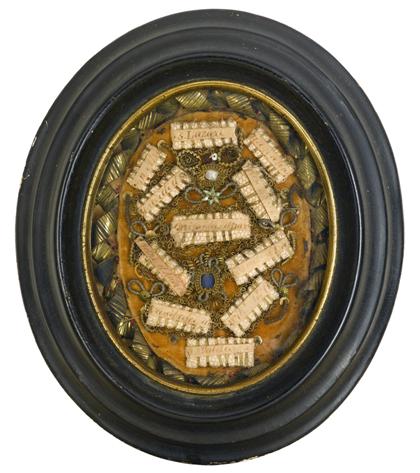 Appraisal: Three Italian rolled gilt-edged paper inlaid beadwork and fabric reliquary