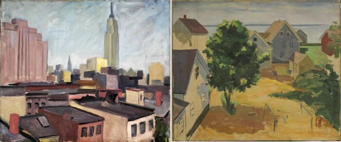 Appraisal: th C School New York City Skyline and Village Scene