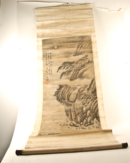 Appraisal: Old Chinese Ming-style Landscape on Silk Scroll high wide