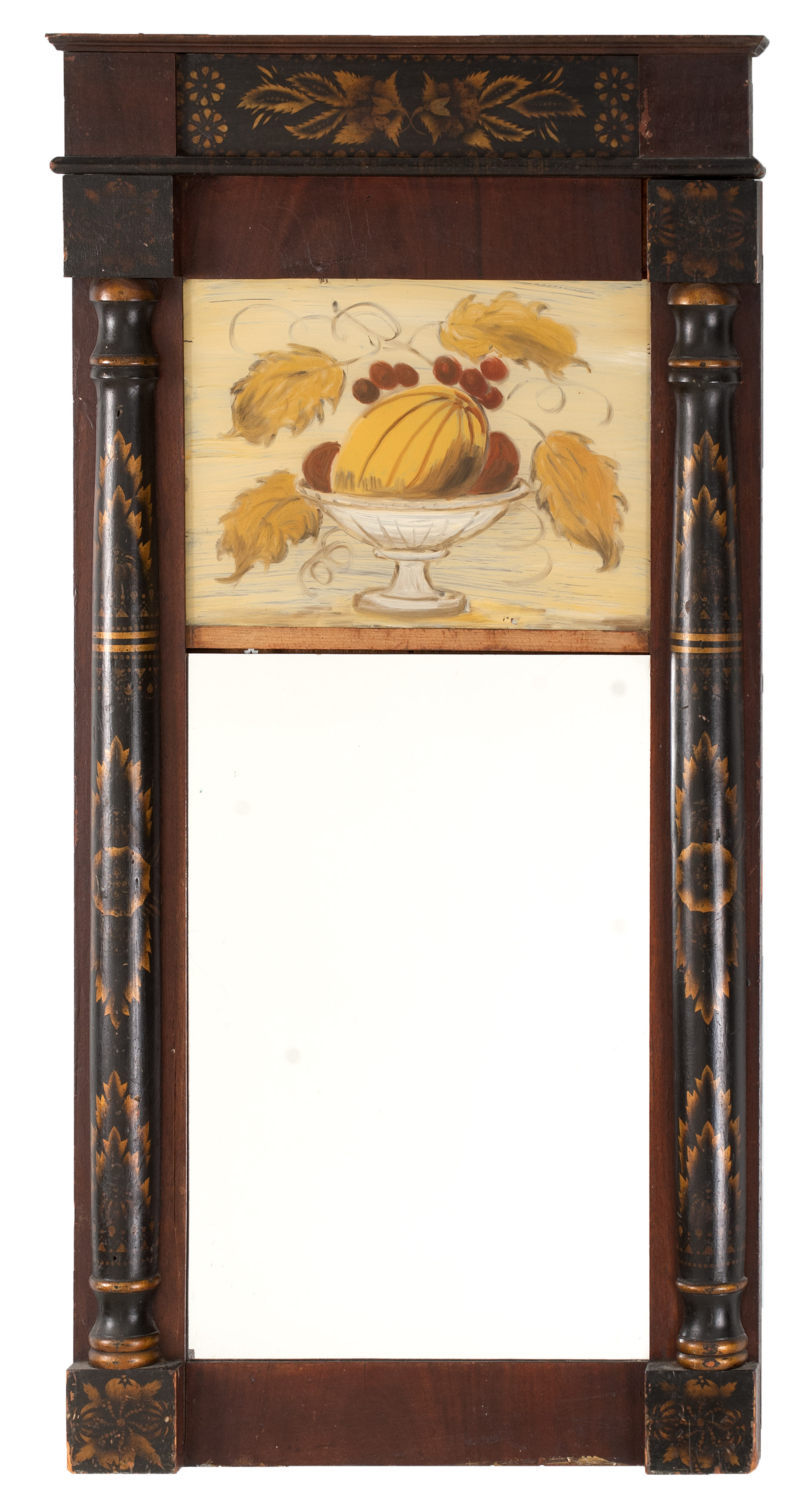 Appraisal: ANTIQUE AMERICAN HALF-COLUMN MIRROR with mahogany frame Ebonized and gold