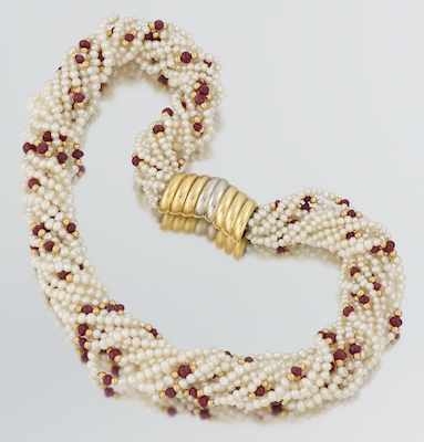 Appraisal: A Ladies' Pearl and Ruby Torsade Necklace with Fancy Clasp