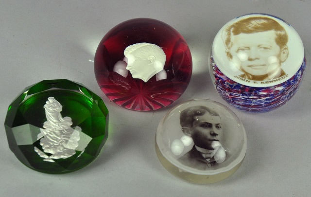 Appraisal: Four Glass PaperweightsTwo with JFK one with Virgin Mary and