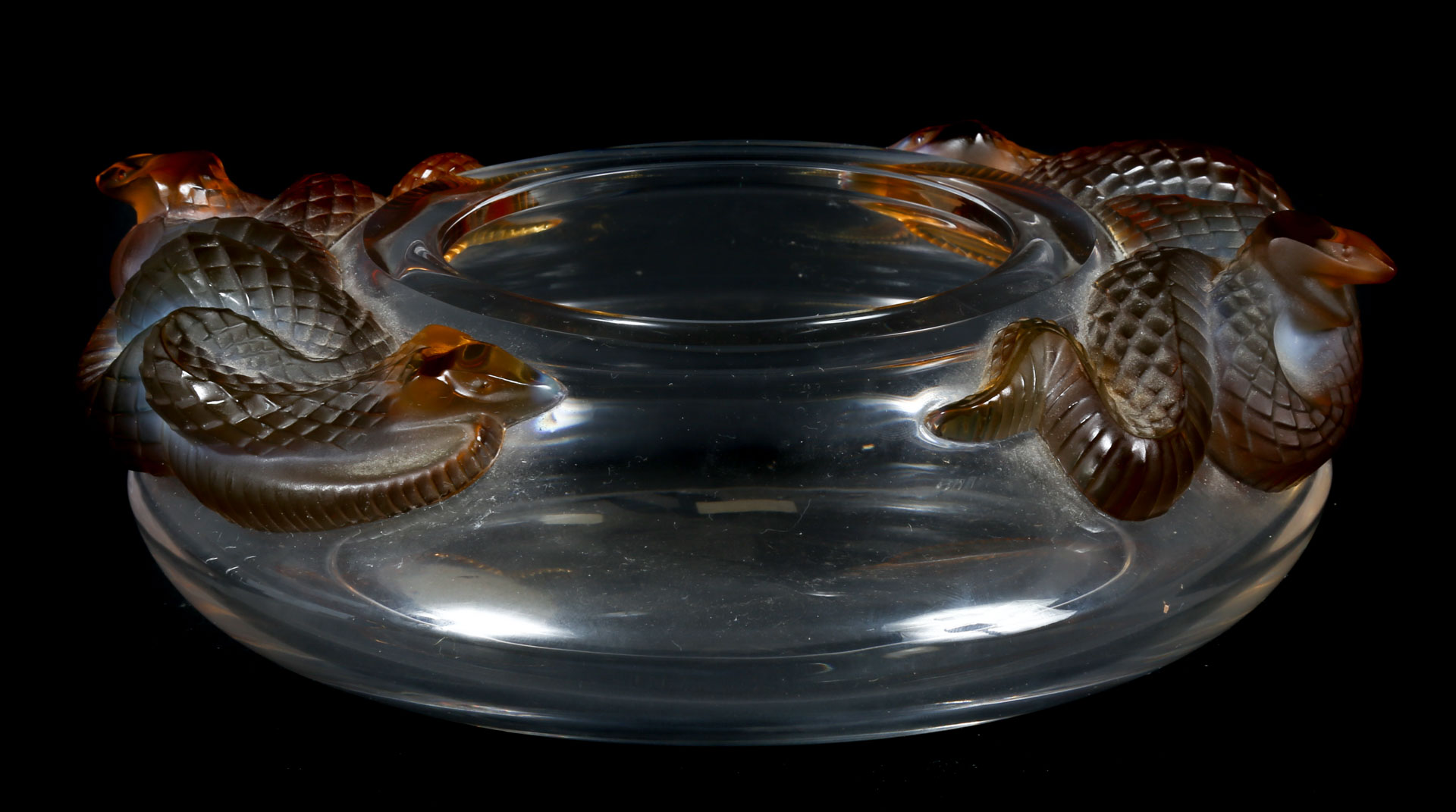 Appraisal: Lalique crystal and amber serpent bowl squat clear crystal bowl