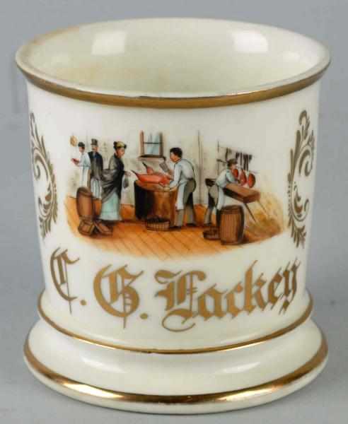 Appraisal: Unusual Butcher Shop Scene Shaving Mug Gilded C G Lackey