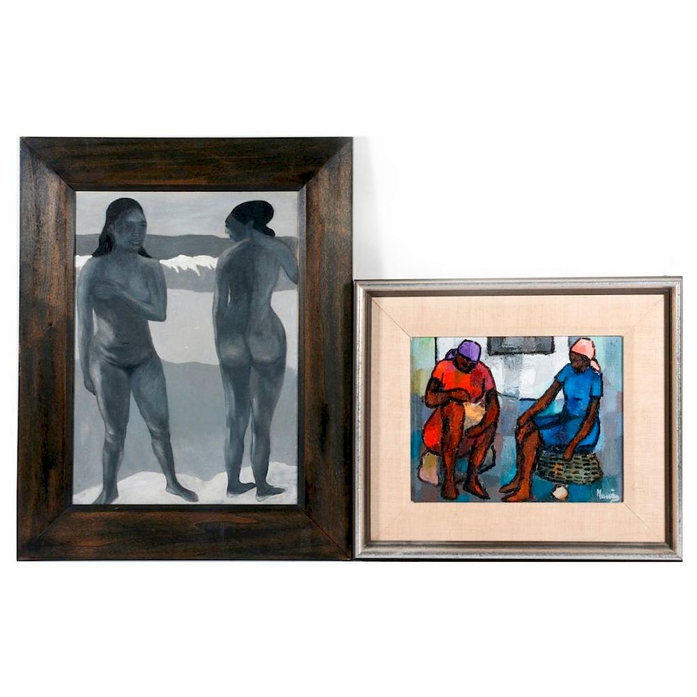 Appraisal: An oil on board of two nudes and an oil