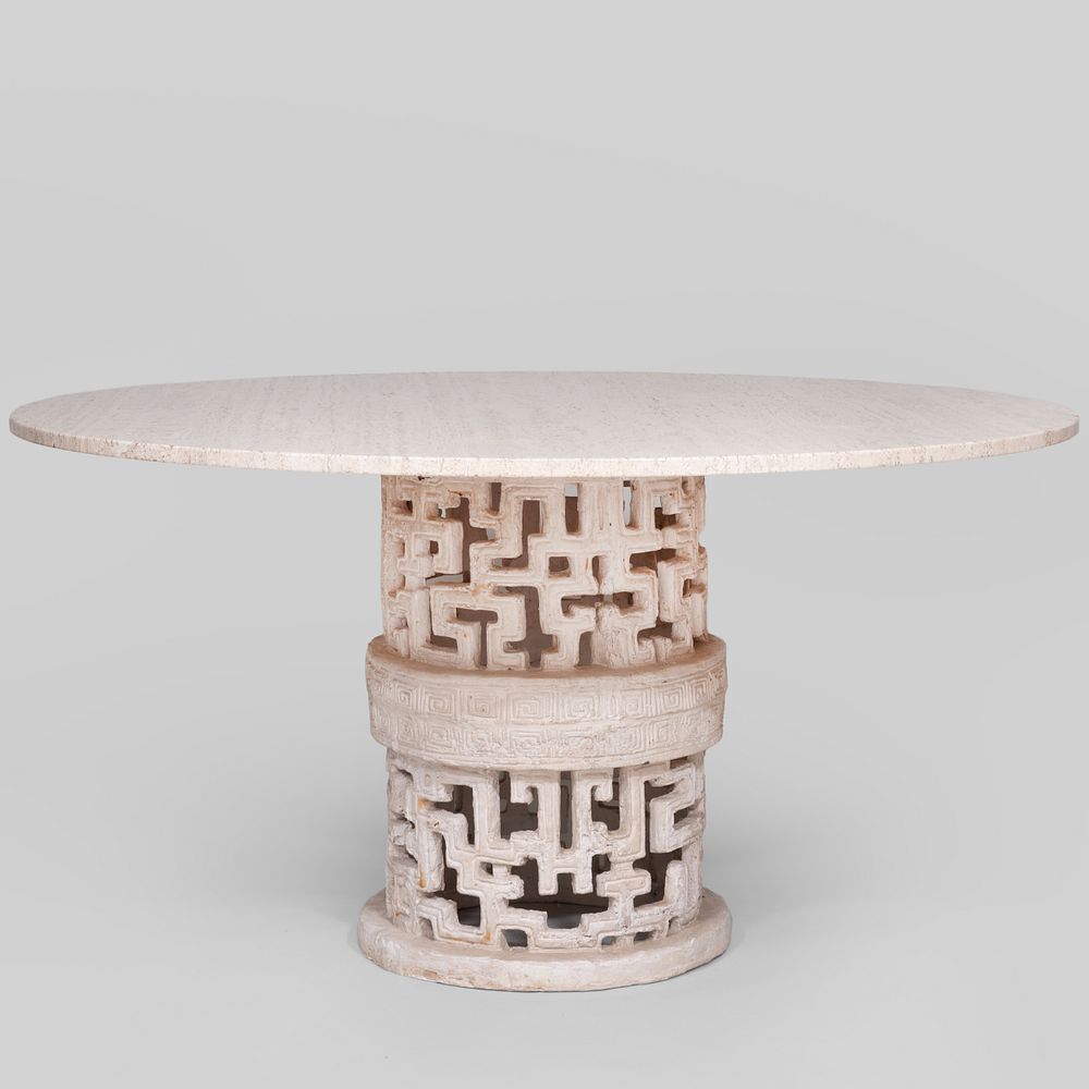 Appraisal: Hollywood Regency Style Travertine and Molded Composition Dining Table x