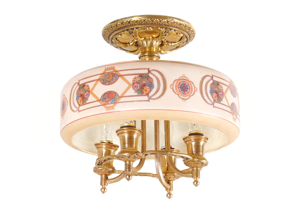 Appraisal: LIGHTOLIER CEILING LAMP light electric gilt metal hanging fixture marked