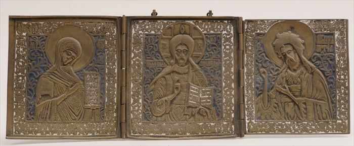 Appraisal: RUSSIAN ENAMELED BRASS TRYPTYCH The folds with relief half-length figures