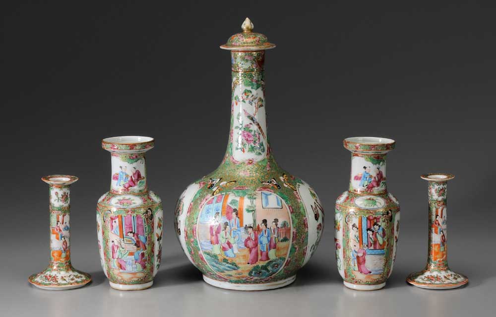 Appraisal: Famille Rose Porcelain Water Bottle Vases Candlesticks Chinese rose medallion