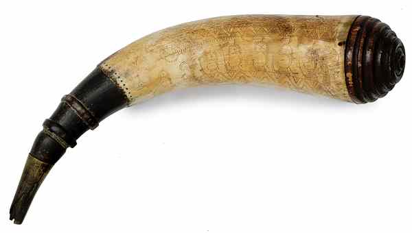 Appraisal: Early American Powder Horn With Bee Hive End Cap ''