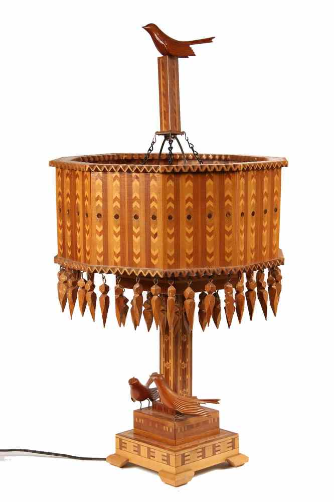 Appraisal: FOLK ART LAMP - Parquetry Electric Table Lamp in contrasting