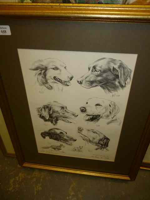 Appraisal: A PENCIL SKETCH OF THE HEADS OF SIX DOGS indistinctly