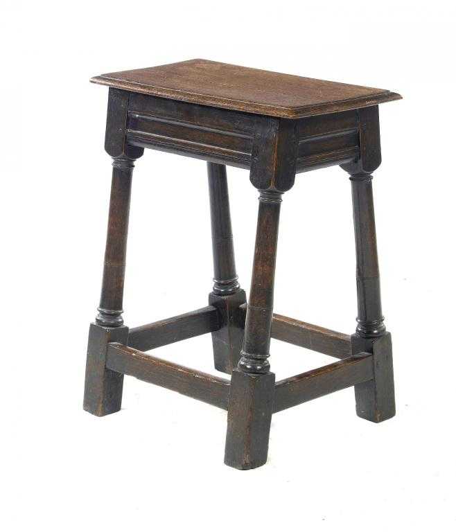 Appraisal: AN OAK JOINT STOOL with channelled frieze on ring turned