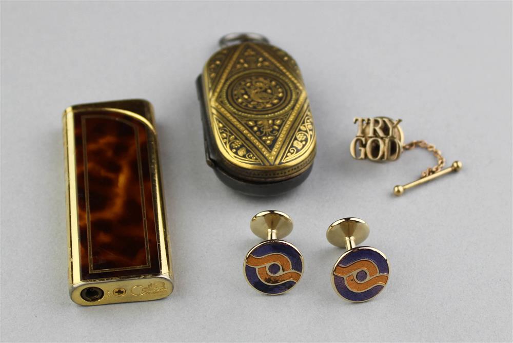 Appraisal: COLILBRI LIGHTER DAMASCENE TOLEDO COIN HOLDER ENAMEL CUFFLINKS AND A