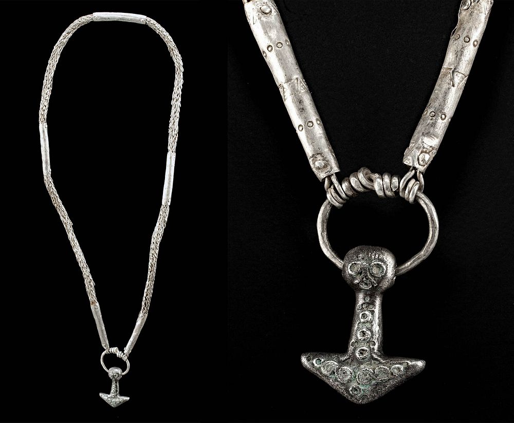 Appraisal: th C Viking Silver Necklace w Mjolnir Pendant Northern Europe