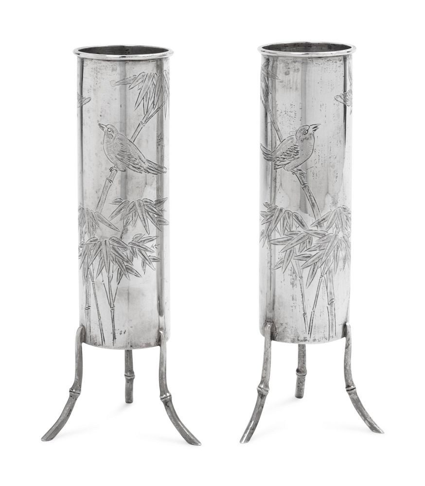 Appraisal: A Pair of Chinese Export Silver Tripod Vases Height inch