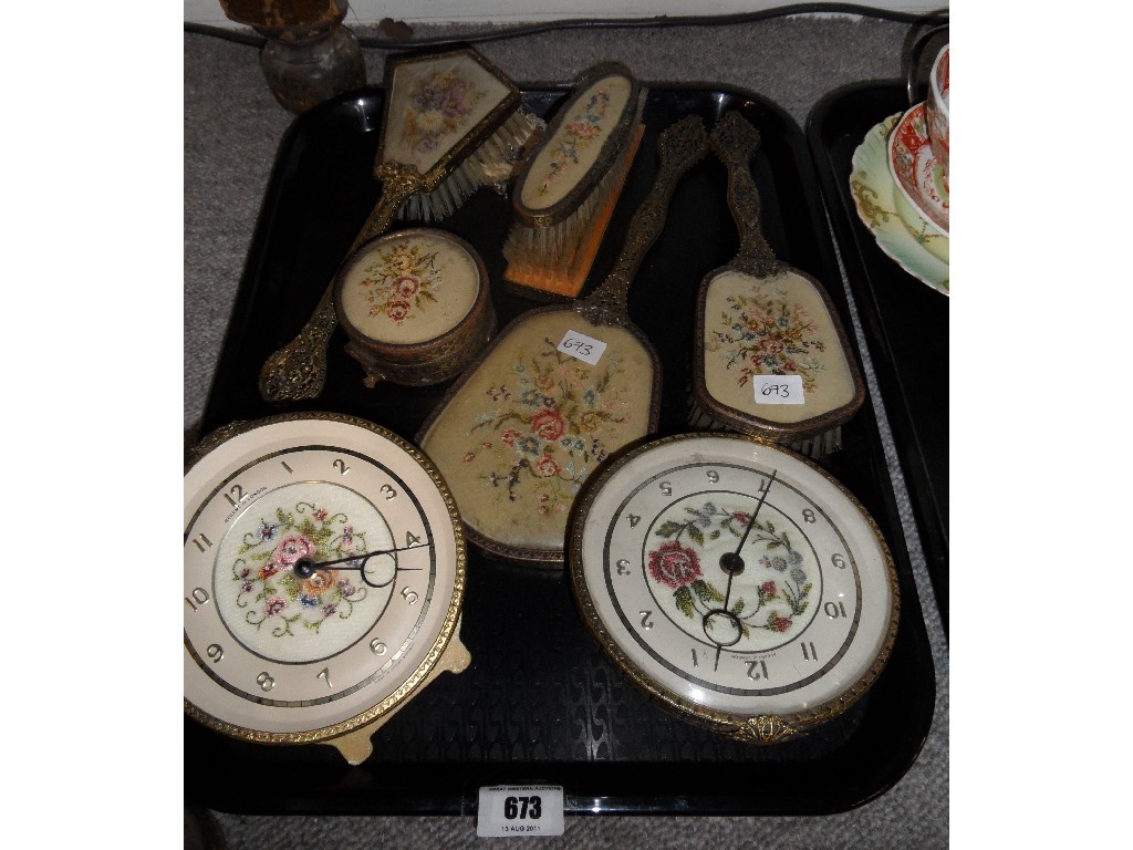 Appraisal: Gilt Petit Point dressing table set and two mantel clocks