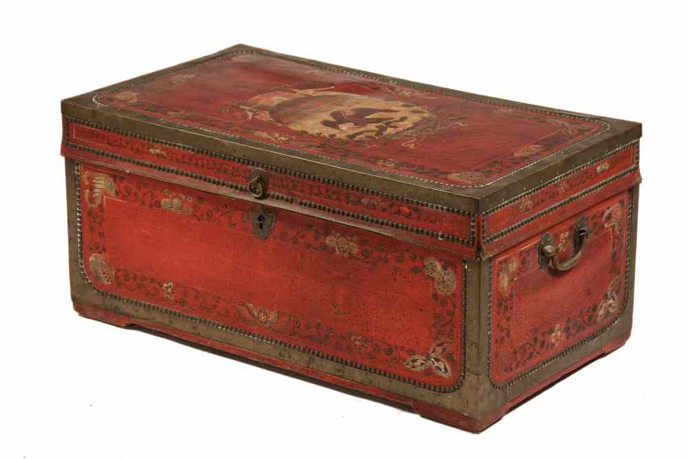 Appraisal: CHINESE EXPORT TRUNK FOR MEXICAN TRADE - Leather Covered Camphorwood