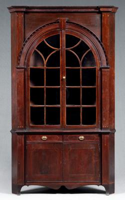 Appraisal: Inlaid Virginia walnut corner cupboard two piece construction molded cornice