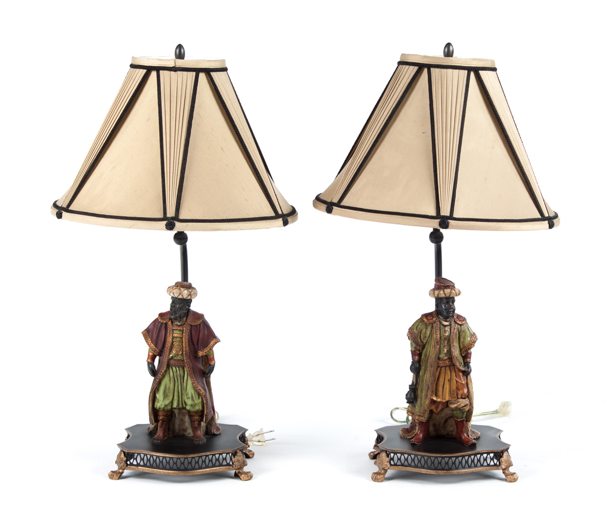 Appraisal: Pair of polychromed metal blackamoor figure lamps exotically dressed figure