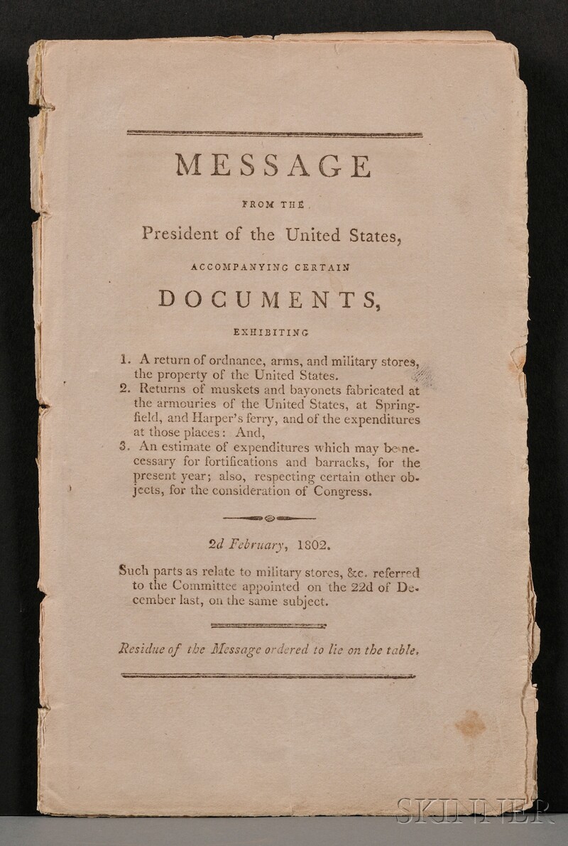 Appraisal: Jefferson Thomas - Presidential Message Concerning Military Arms Message from