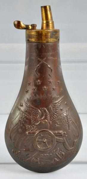 Appraisal: Brass Gun Powder Flask Description Highly embossed including stars eagle