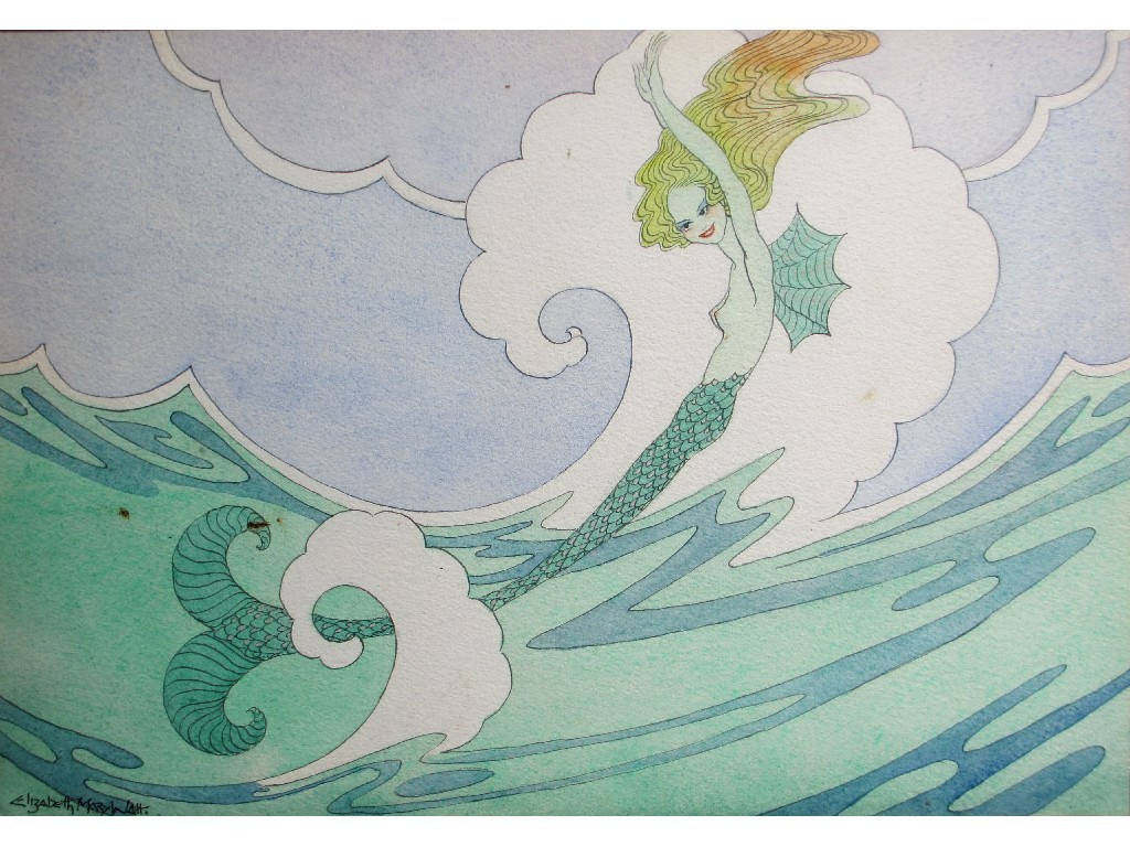 Appraisal: ELIZABETH MARY WATT - MERMAID Pen ink and watercolour signed