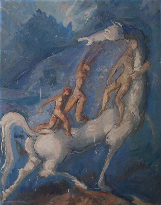 Appraisal: SURREALIST SCHOOL American th century NUDE FIGURES WITH WHITE HORSE