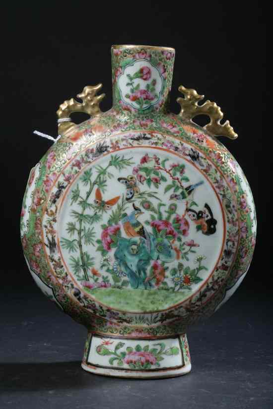 Appraisal: CHINESE ROSE CANTON PORCELAIN MOON FLASK th century Butterfly floral