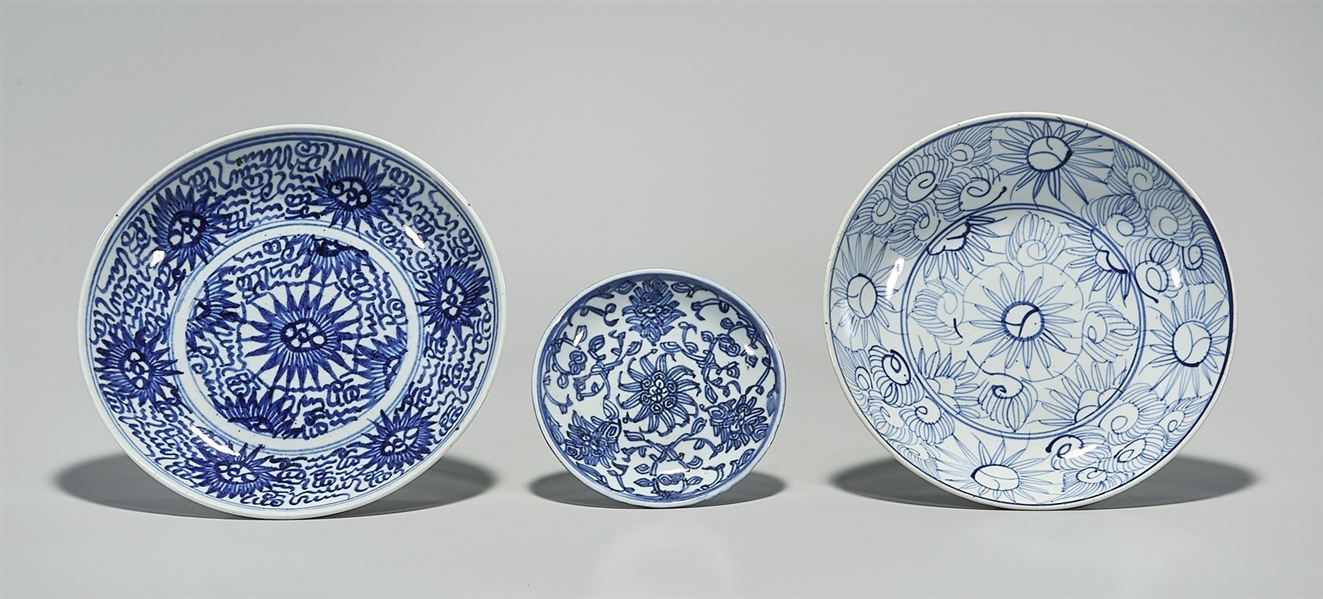 Appraisal: Three antique Chinese blue and white porcelain dishes floral motifs