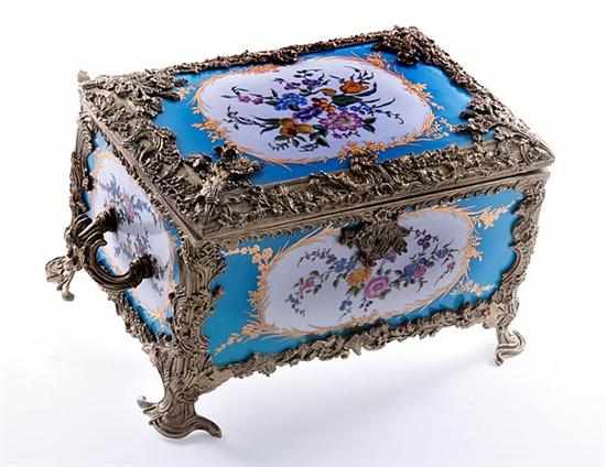 Appraisal: Ormolu-mounted porcelain casket floral cartouches on celeste blue ground raised