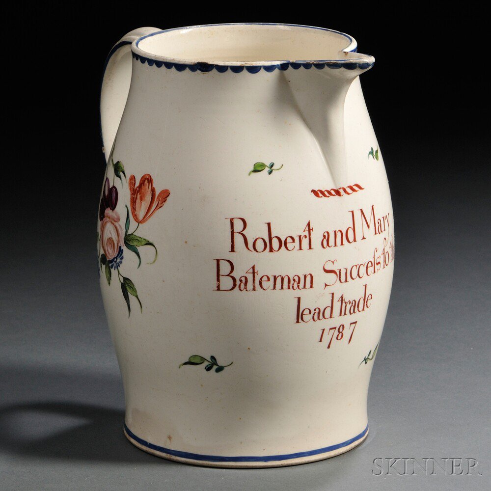 Appraisal: Documented Cream-colored Earthenware Pitcher England c polychrome enamel decorated with