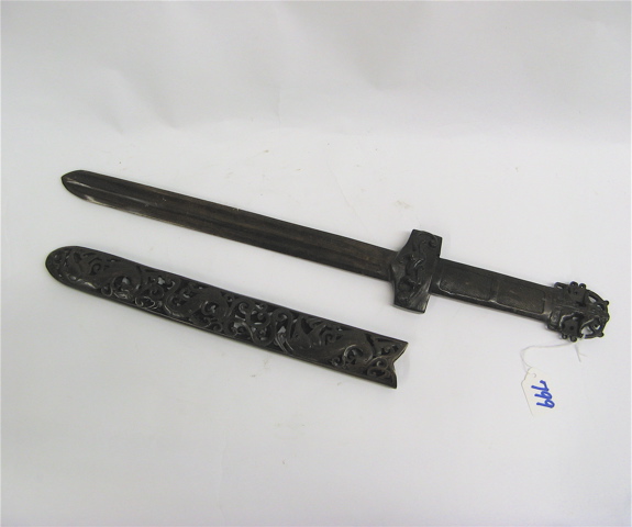 Appraisal: CHINESE HEAVY METAL SHORT SWORD AND SCABBARD having brown patinated