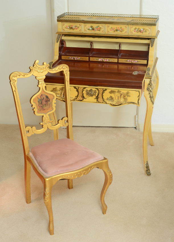 Appraisal: FRENCH PAINT DECORATED MECHANICAL WRITING DESK CHAIR Paint decorated all