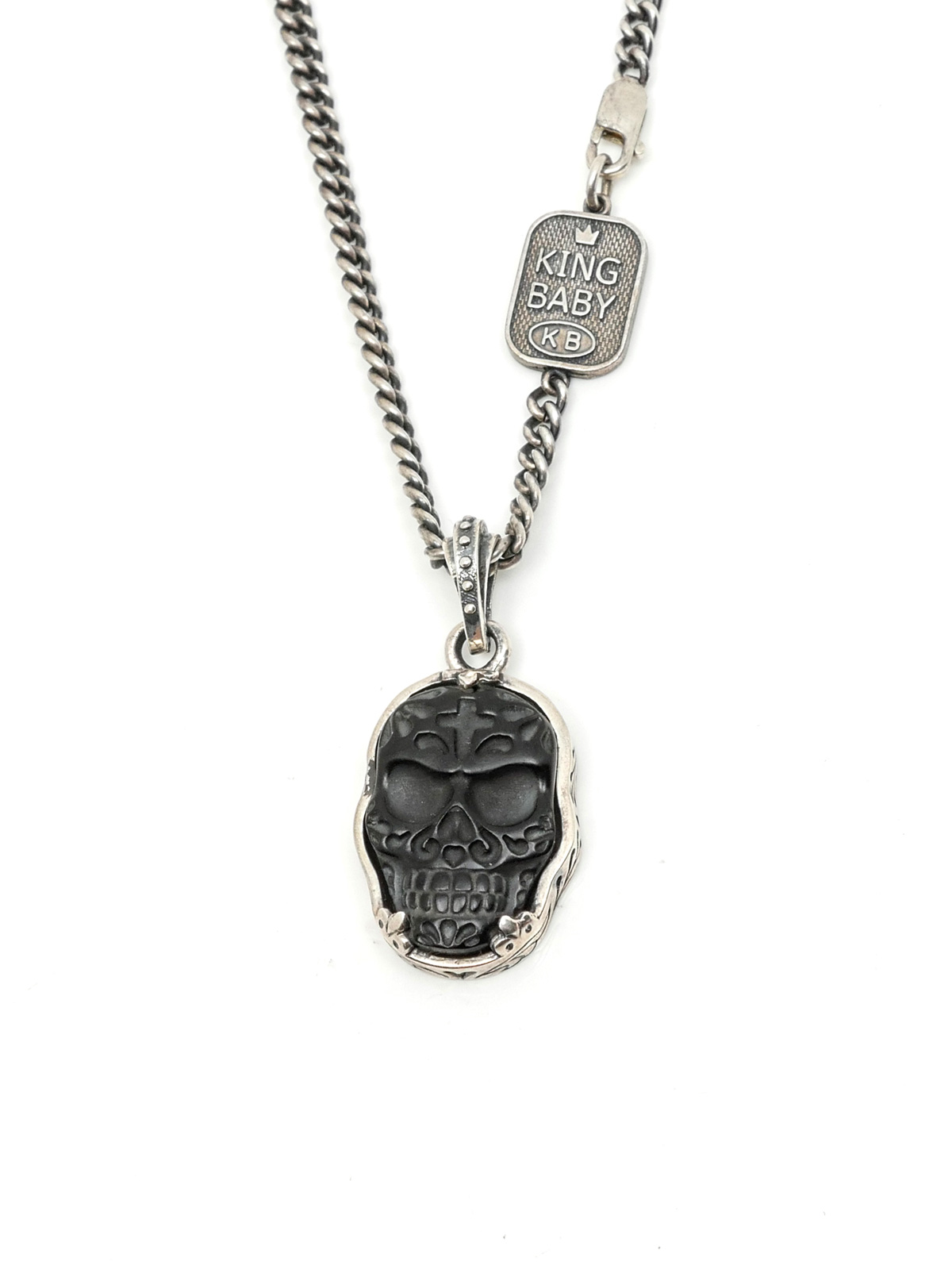 Appraisal: KING BABY CARVED BLACK BAROQUE SKULL PENDANT NECKLACE Sterling Silver